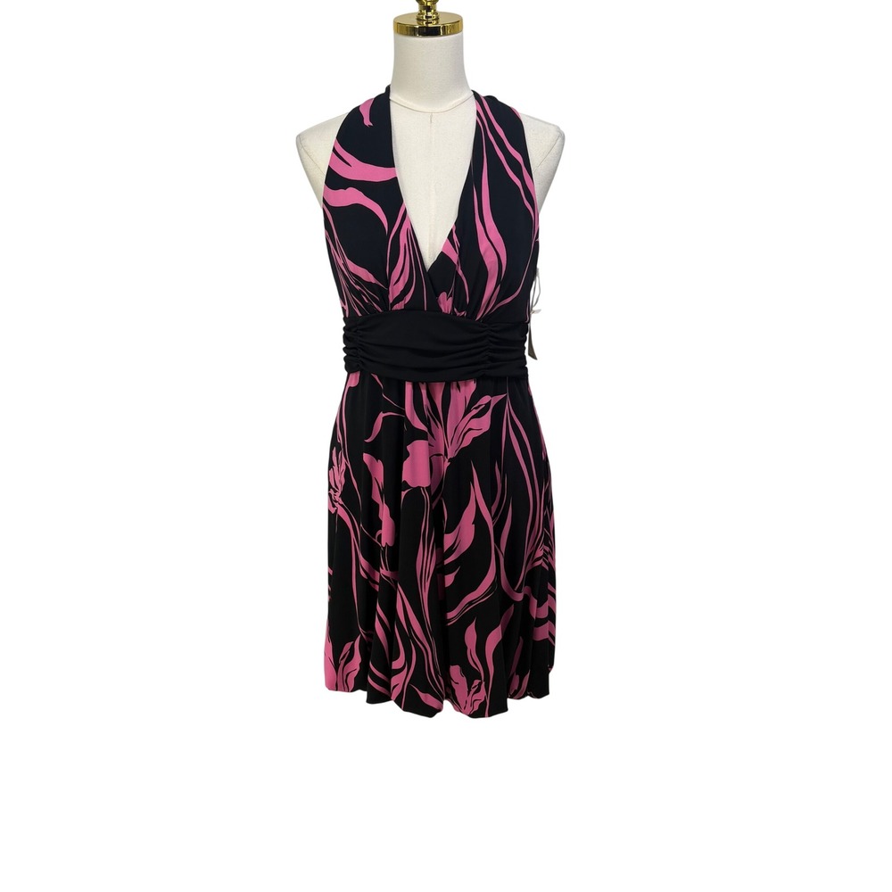 Y2K Roulette Vintage Halter Cocktail Dress 14 Pink Black Abstract Floral Stretch